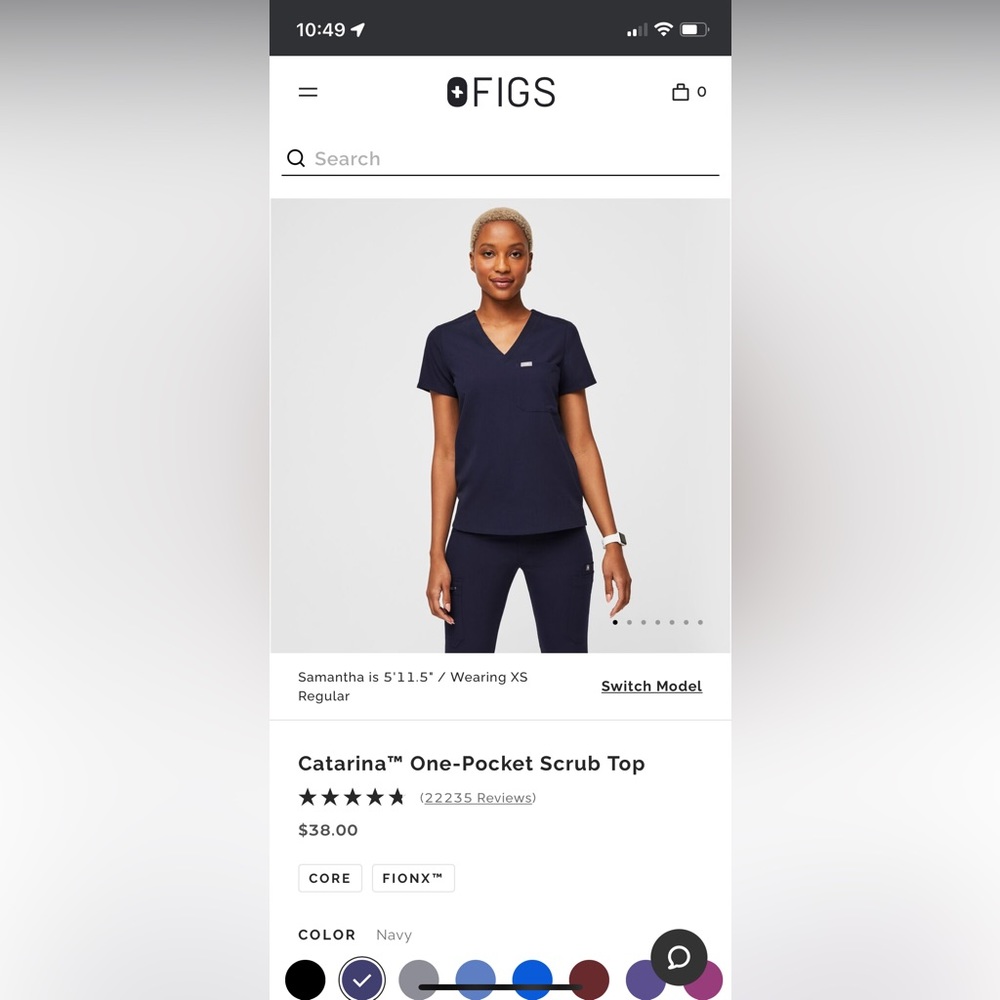 Figs women’s XS Catarina one pocket scrub top & Figs Zamora jogger scrub pants.